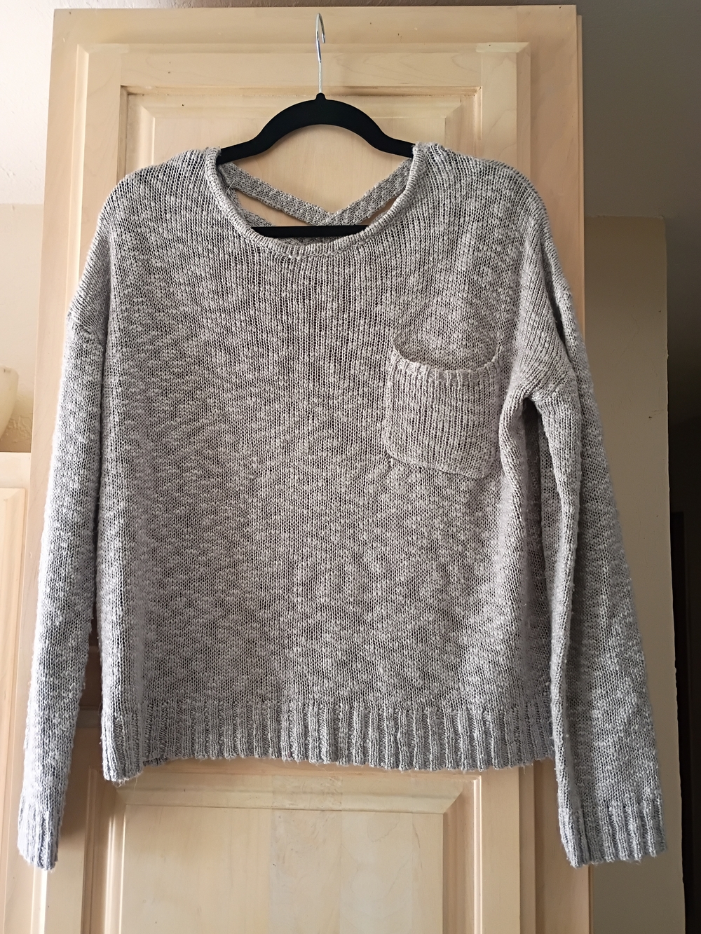 Women's Gray Crewneck Knit Sweater with Front Pocket